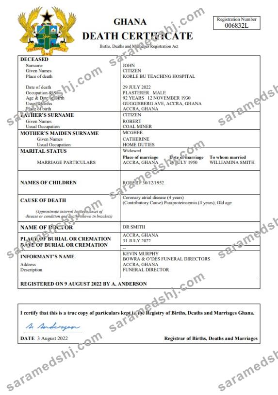 Ghana vital record death certificate Word and PDF template